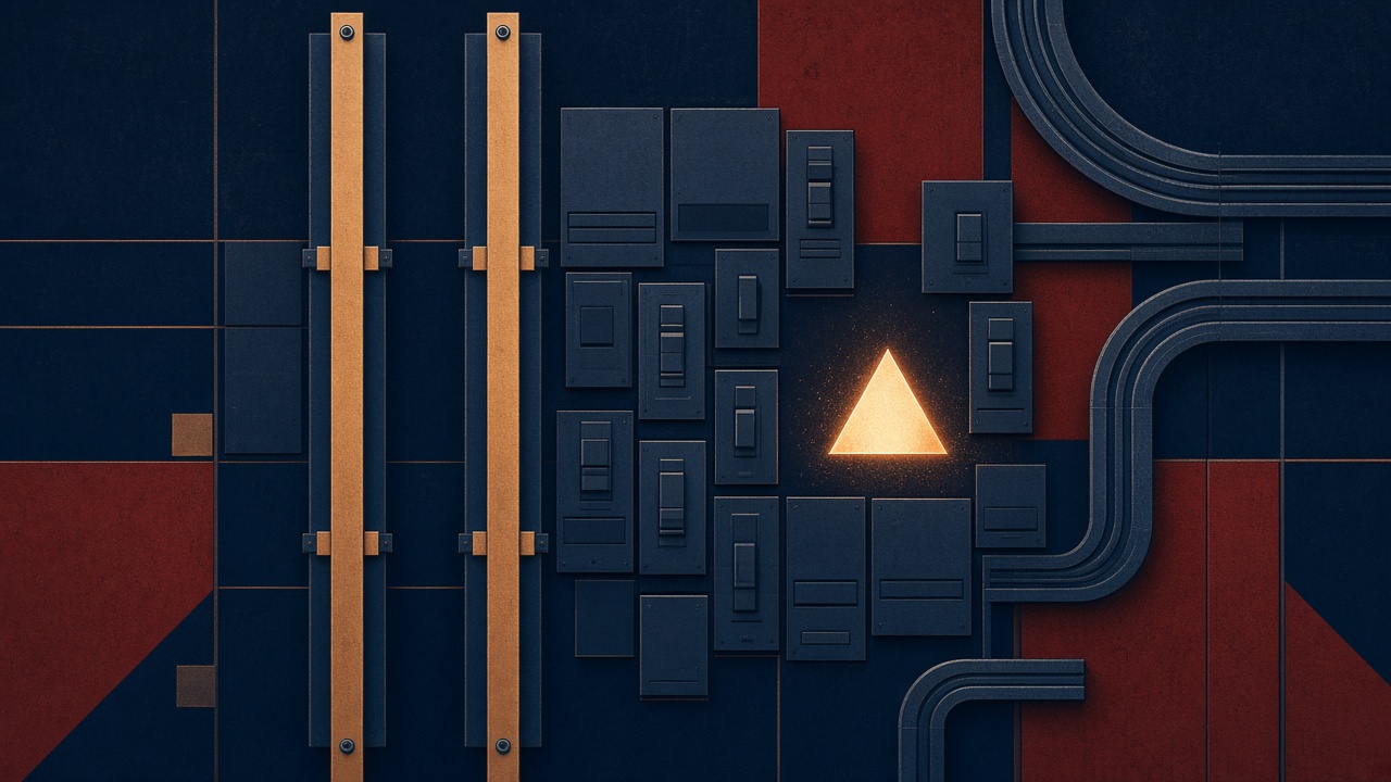 Geometric dual-bus panel composition in navy and steel